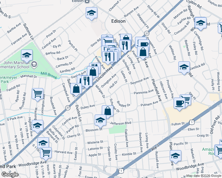 map of restaurants, bars, coffee shops, grocery stores, and more near 5 Hull Drive in Edison