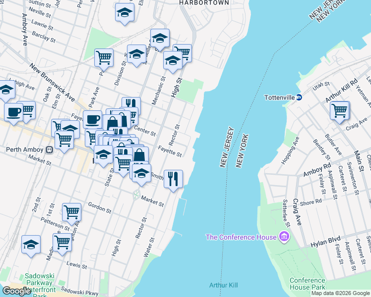 map of restaurants, bars, coffee shops, grocery stores, and more near 40 Fayette Street in Perth Amboy