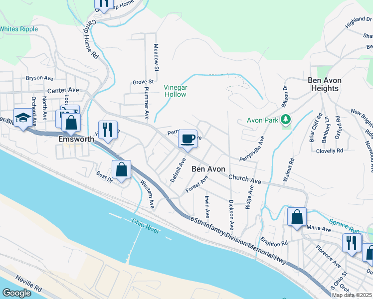 map of restaurants, bars, coffee shops, grocery stores, and more near 7221 Church Avenue in Ben Avon