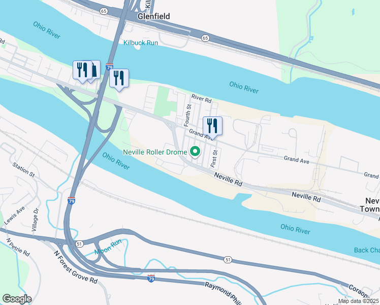 map of restaurants, bars, coffee shops, grocery stores, and more near 5109 Neville Road in Pittsburgh