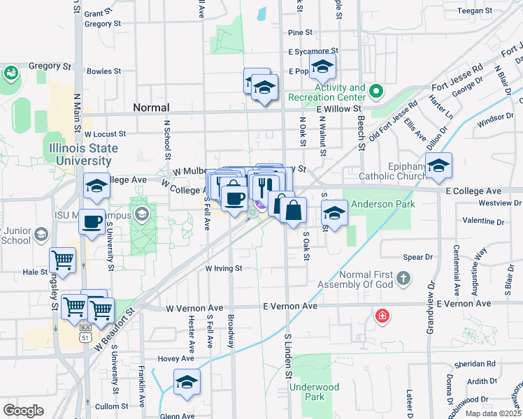 map of restaurants, bars, coffee shops, grocery stores, and more near 101 East Beaufort Street in Normal
