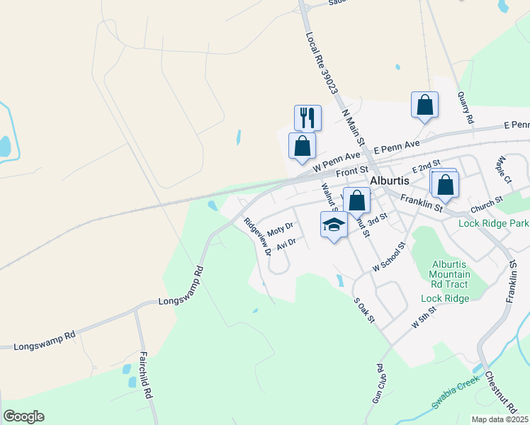 map of restaurants, bars, coffee shops, grocery stores, and more near 349 West 2nd Street in Alburtis