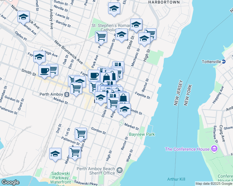 map of restaurants, bars, coffee shops, grocery stores, and more near 103 Jefferson Street in Perth Amboy