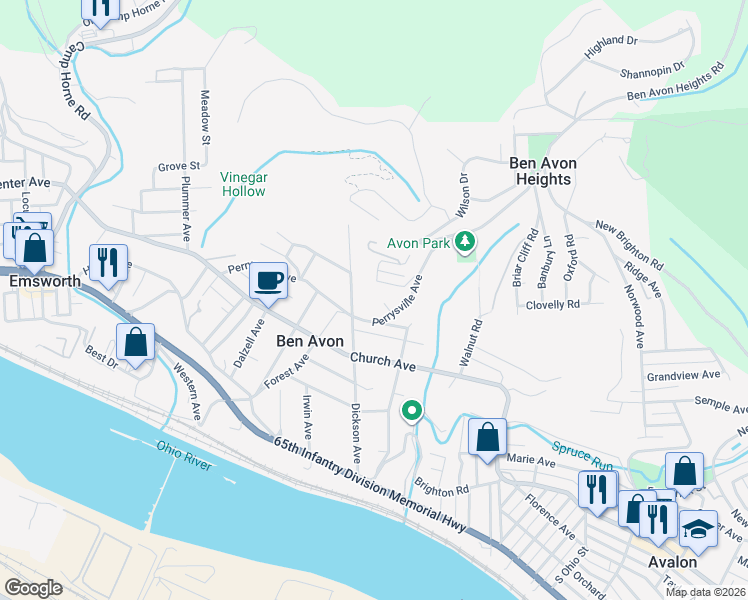 map of restaurants, bars, coffee shops, grocery stores, and more near 6900 Perrysville Avenue in Pittsburgh