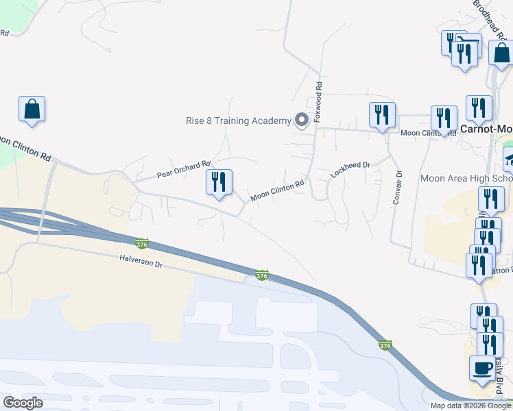 map of restaurants, bars, coffee shops, grocery stores, and more near 1120 Stevenson Mill Road in Carnot-Moon