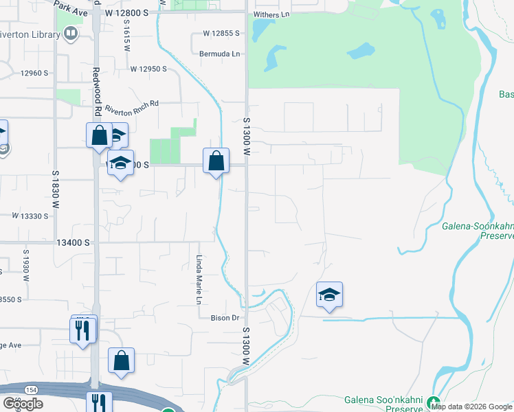 map of restaurants, bars, coffee shops, grocery stores, and more near 13341 1300 West in Riverton