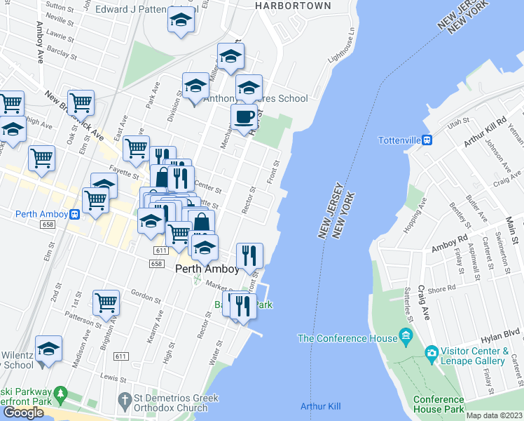 map of restaurants, bars, coffee shops, grocery stores, and more near 40 Fayette Street in Perth Amboy