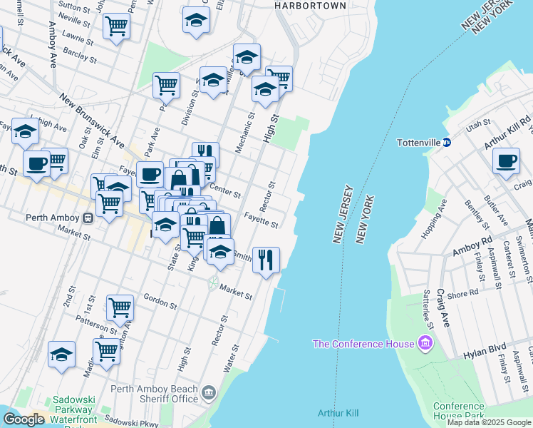 map of restaurants, bars, coffee shops, grocery stores, and more near 333 Rector Street in Perth Amboy