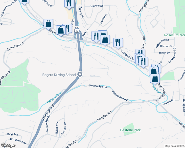 map of restaurants, bars, coffee shops, grocery stores, and more near 600 Stevens Drive in Pittsburgh