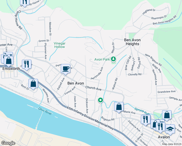 map of restaurants, bars, coffee shops, grocery stores, and more near 6900 Perrysville Avenue in Pittsburgh