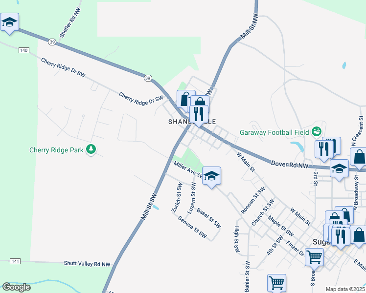 map of restaurants, bars, coffee shops, grocery stores, and more near 207 Mill Street Southwest in Sugarcreek