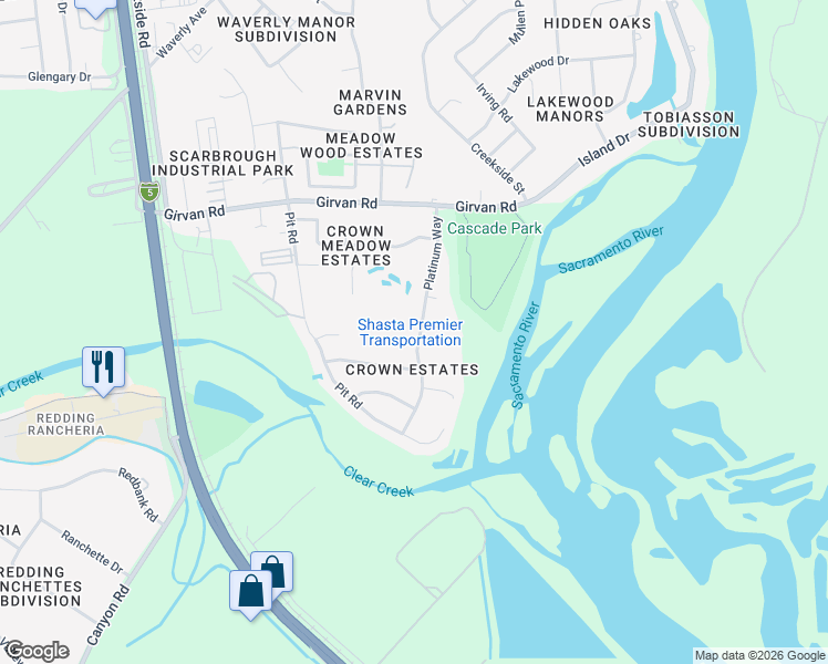 map of restaurants, bars, coffee shops, grocery stores, and more near 7420 Platinum Way in Redding
