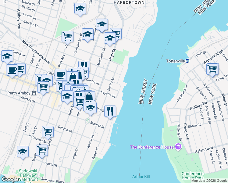 map of restaurants, bars, coffee shops, grocery stores, and more near 358 Rector Street in Perth Amboy
