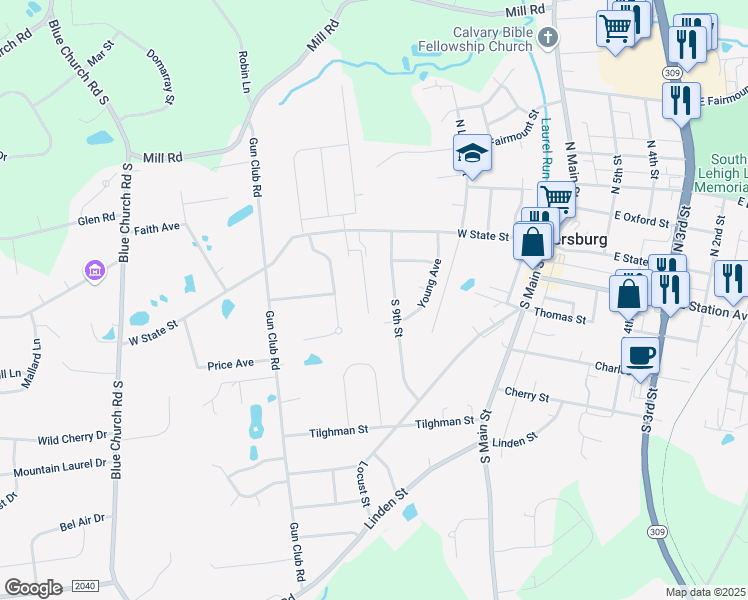 map of restaurants, bars, coffee shops, grocery stores, and more near 168 Ashford Drive in Coopersburg