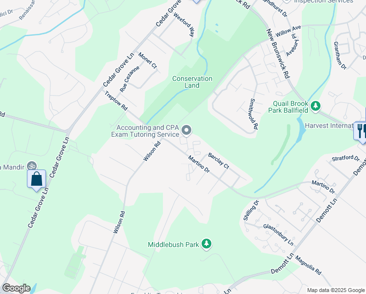map of restaurants, bars, coffee shops, grocery stores, and more near 3 Steeplechase Court in Franklin Township