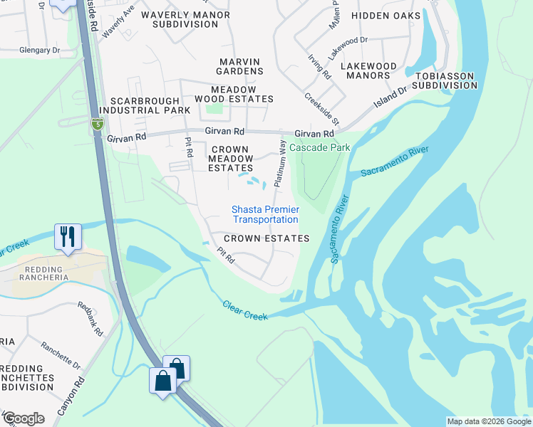 map of restaurants, bars, coffee shops, grocery stores, and more near 7420 Platinum Way in Redding