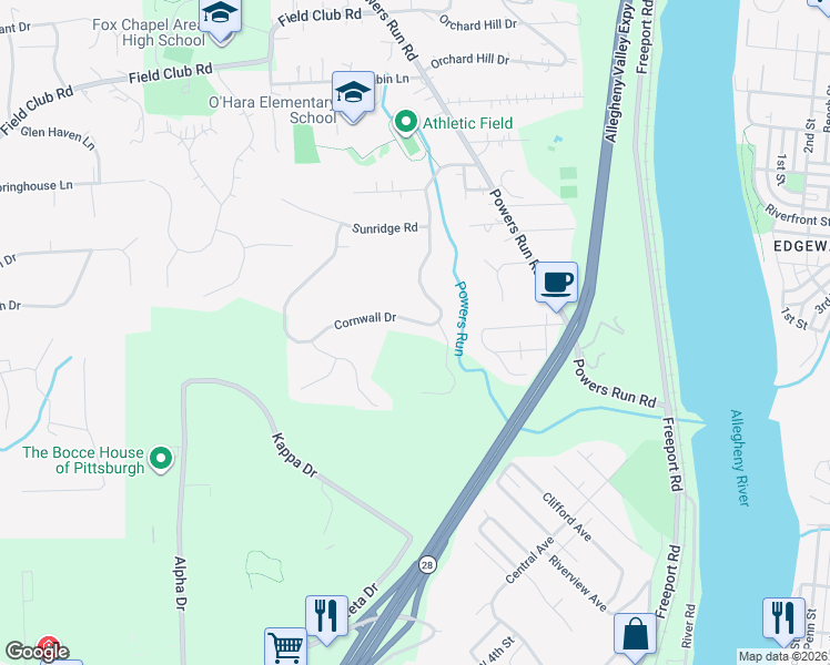 map of restaurants, bars, coffee shops, grocery stores, and more near 215 Cornwall Dr in Pittsburgh