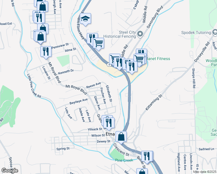map of restaurants, bars, coffee shops, grocery stores, and more near 432 Elizabeth Street in Etna
