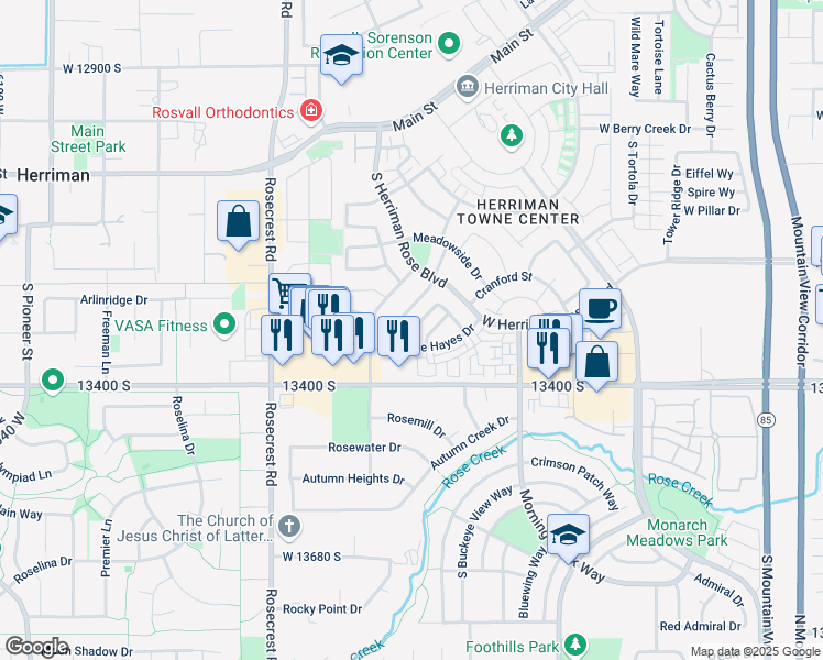 map of restaurants, bars, coffee shops, grocery stores, and more near Fallowfield Lane in Herriman