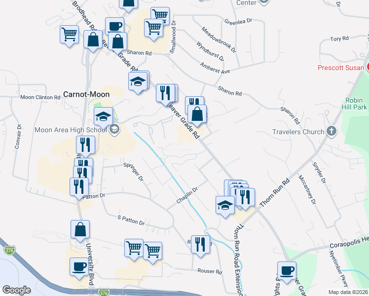 map of restaurants, bars, coffee shops, grocery stores, and more near 300 McKinney Drive in Coraopolis