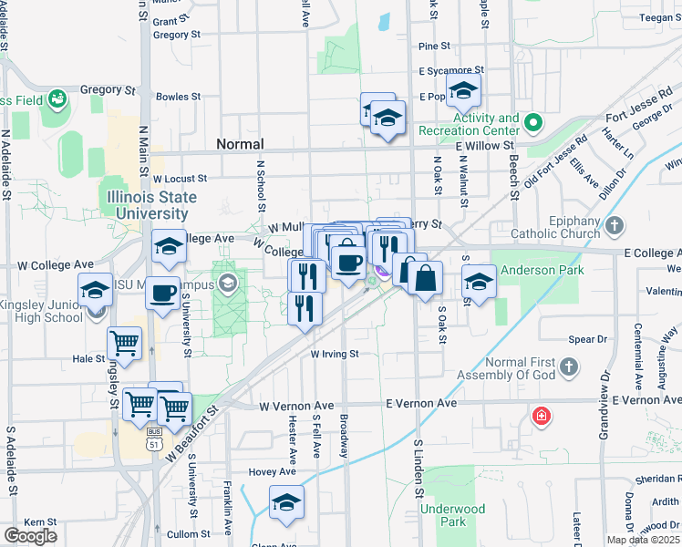 map of restaurants, bars, coffee shops, grocery stores, and more near in Bloomington