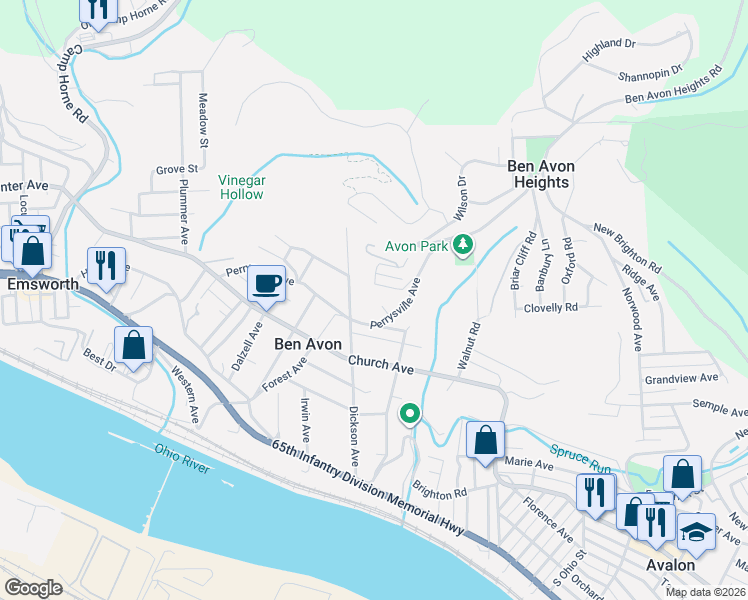 map of restaurants, bars, coffee shops, grocery stores, and more near 6900 Perrysville Avenue in Pittsburgh