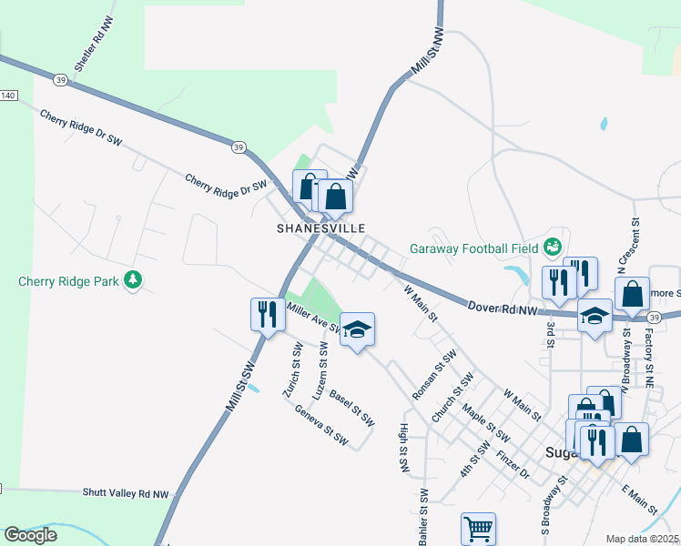 map of restaurants, bars, coffee shops, grocery stores, and more near 924 Shane Drive Southwest in Sugarcreek