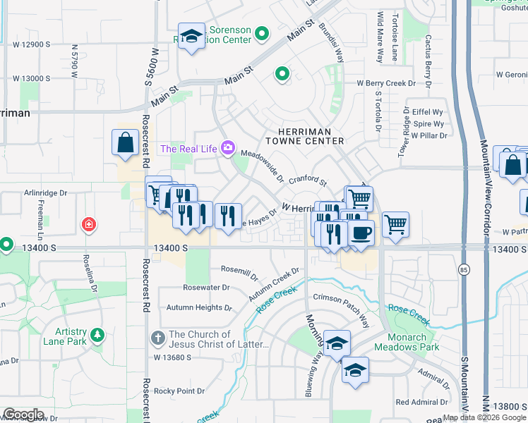 map of restaurants, bars, coffee shops, grocery stores, and more near 13324 Ashurst Lane in Herriman