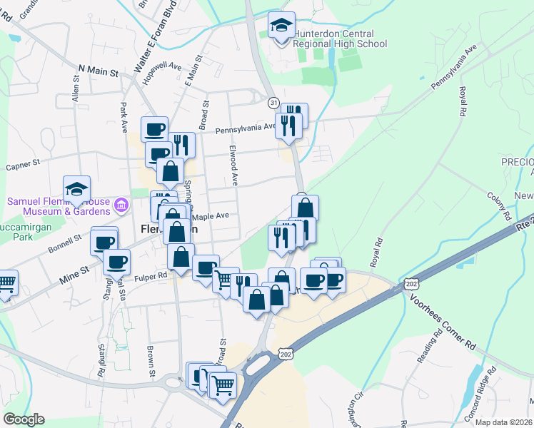 map of restaurants, bars, coffee shops, grocery stores, and more near 47 Maple Avenue in Flemington