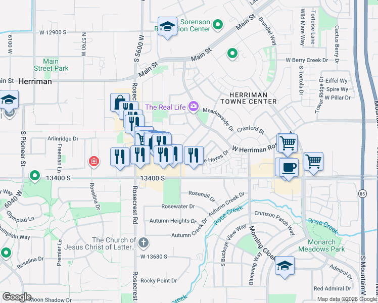 map of restaurants, bars, coffee shops, grocery stores, and more near 13326 Rochdale Lane in Herriman