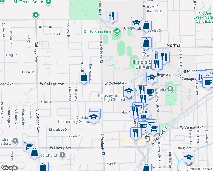 map of restaurants, bars, coffee shops, grocery stores, and more near 108 Carmae Street in Normal