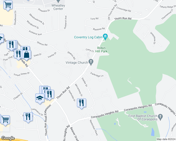 map of restaurants, bars, coffee shops, grocery stores, and more near 102 Parkridge Lane in Coraopolis