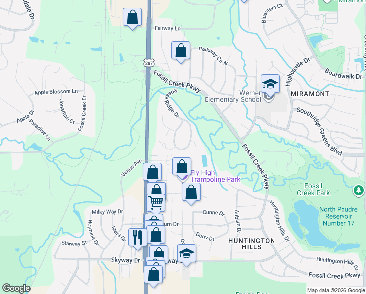 map of restaurants, bars, coffee shops, grocery stores, and more near 5547 Fossil Court North in Fort Collins