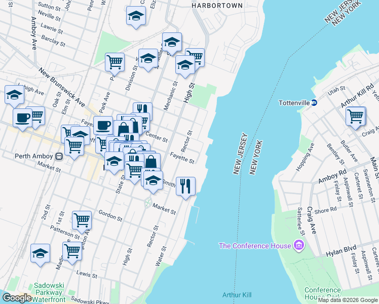 map of restaurants, bars, coffee shops, grocery stores, and more near 40 Fayette Street in Perth Amboy