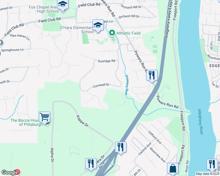 map of restaurants, bars, coffee shops, grocery stores, and more near 215 Cornwall Drive in Pittsburgh