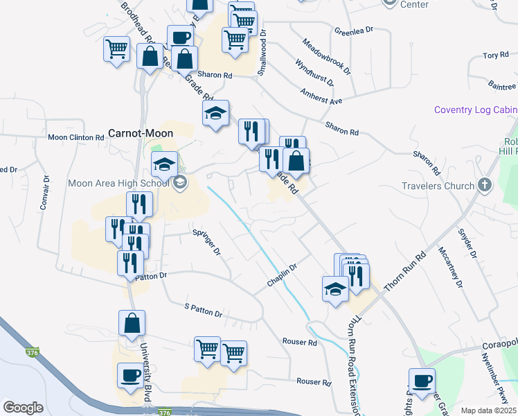 map of restaurants, bars, coffee shops, grocery stores, and more near 712 Forest Green Drive in Coraopolis