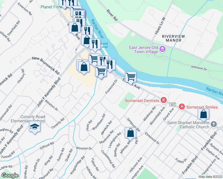 map of restaurants, bars, coffee shops, grocery stores, and more near 15 Foxwood Drive in Franklin Township