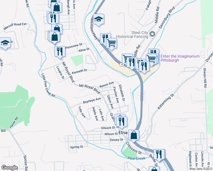 map of restaurants, bars, coffee shops, grocery stores, and more near 1 Morgan Avenue in Pittsburgh