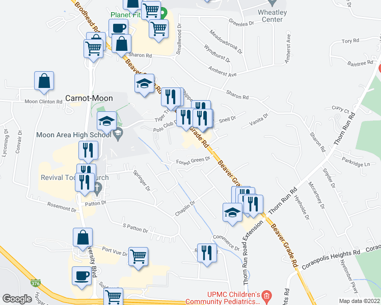 map of restaurants, bars, coffee shops, grocery stores, and more near 234 Forest Green Drive in Coraopolis