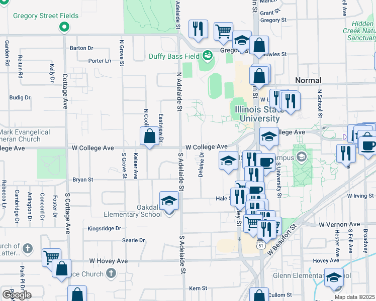 map of restaurants, bars, coffee shops, grocery stores, and more near 715 West College Avenue in Normal
