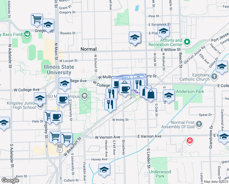 map of restaurants, bars, coffee shops, grocery stores, and more near 100 South Fell Avenue in Normal