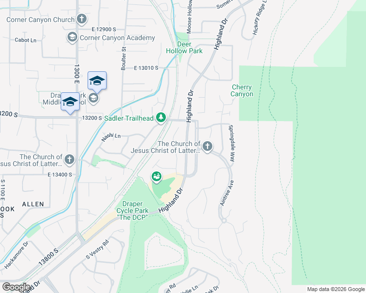 map of restaurants, bars, coffee shops, grocery stores, and more near 1694 East Apple Orchard Court in Draper