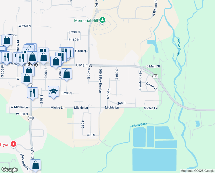 map of restaurants, bars, coffee shops, grocery stores, and more near 146 South 550 East in Midway