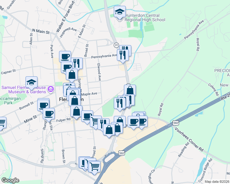 map of restaurants, bars, coffee shops, grocery stores, and more near 47 Maple Avenue in Flemington