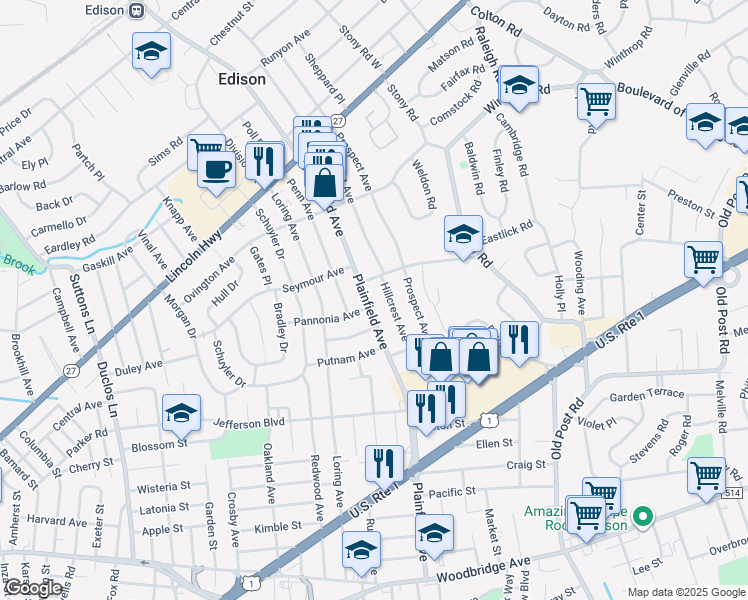 map of restaurants, bars, coffee shops, grocery stores, and more near 14 Hillcrest Avenue in Edison