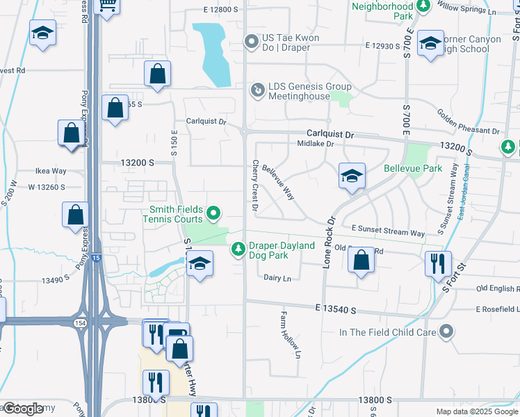 map of restaurants, bars, coffee shops, grocery stores, and more near 13307 Cherry Crest Drive in Draper