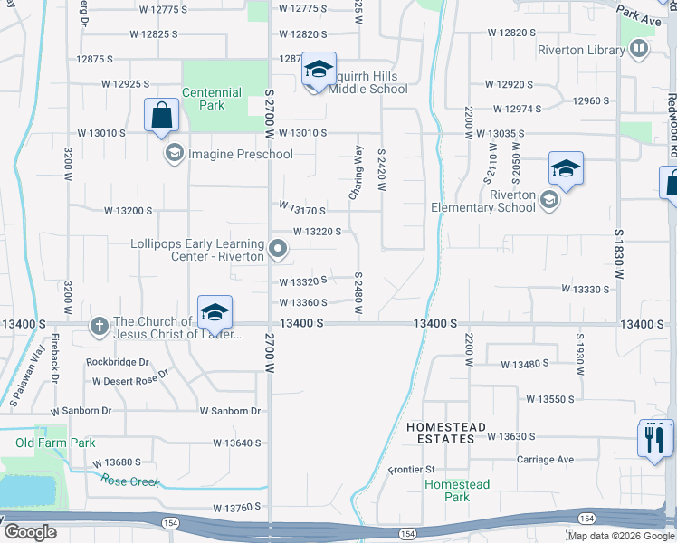 map of restaurants, bars, coffee shops, grocery stores, and more near 13338 South Brindie Way in Riverton