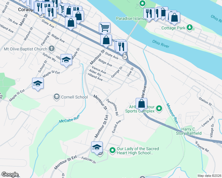 map of restaurants, bars, coffee shops, grocery stores, and more near 1627 Edgewood Avenue in Coraopolis