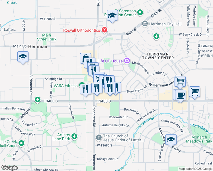 map of restaurants, bars, coffee shops, grocery stores, and more near 5543 Copper Park Drive in Herriman