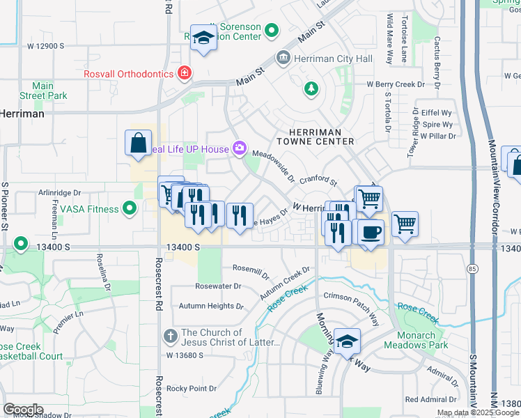map of restaurants, bars, coffee shops, grocery stores, and more near 5338 Silver Clover Lane in Herriman